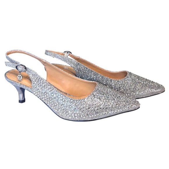 R J. Renee Ferryanne Rhinestone Glitter Fabric Slingback Pumps Silver 7.5 New - Picture 3 of 14